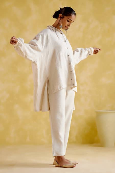 5elements Beige Linen Embroidery Collared Seashell Shirt With Pant Online at Aza Fashions 5elements_Beige Linen Embroidery Collared Seashell Shirt With Pant _Online_at_Aza_Fashions