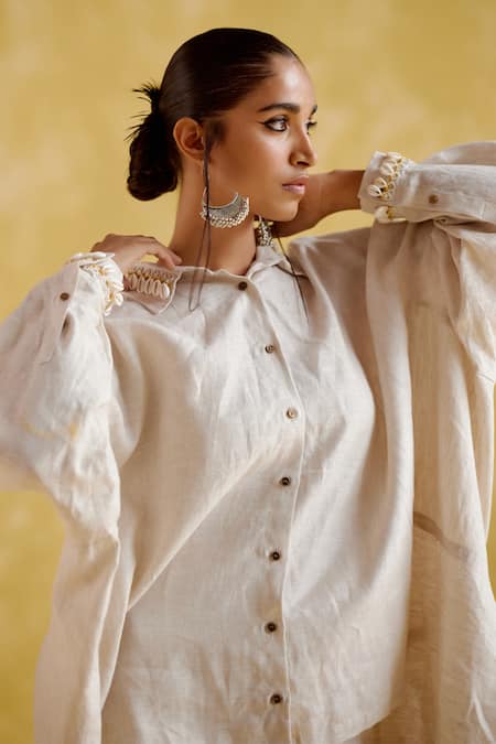Shop 5elements Beige Linen Embroidery Collared Seashell Shirt With Pant Online at Aza Fashions Shop_5elements_Beige Linen Embroidery Collared Seashell Shirt With Pant _Online_at_Aza_Fashions