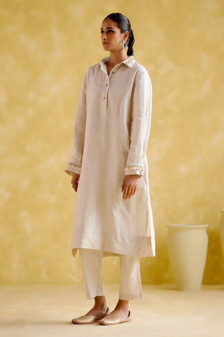 Buy 5elements Beige Linen Embroidery Collared Pearl Long Tunic With Pant Online at Aza Fashions Buy_5elements_Beige Linen Embroidery Collared Pearl Long Tunic With Pant _Online_at_Aza_Fashions