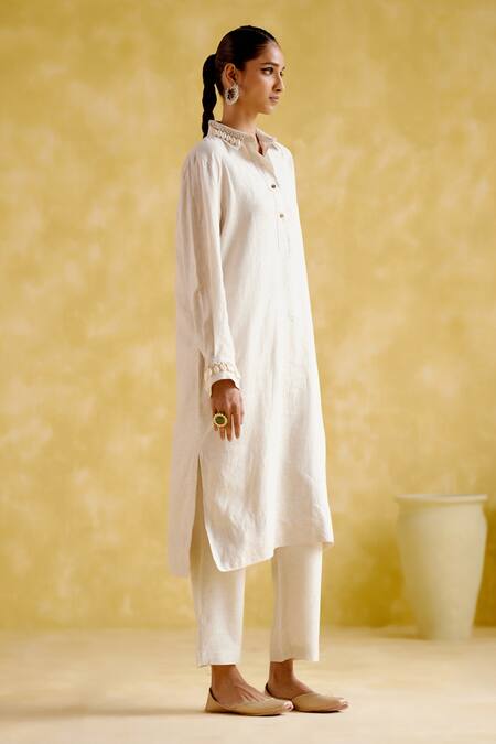 Shop 5elements Beige Linen Embroidery Collared Pearl Long Tunic With Pant Online at Aza Fashions Shop_5elements_Beige Linen Embroidery Collared Pearl Long Tunic With Pant _Online_at_Aza_Fashions