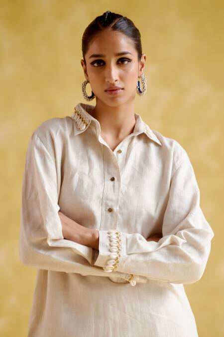 5elements Beige Linen Embroidery Collared Pearl Long Tunic With Pant at Aza Fashions 5elements_Beige Linen Embroidery Collared Pearl Long Tunic With Pant _at_Aza_Fashions