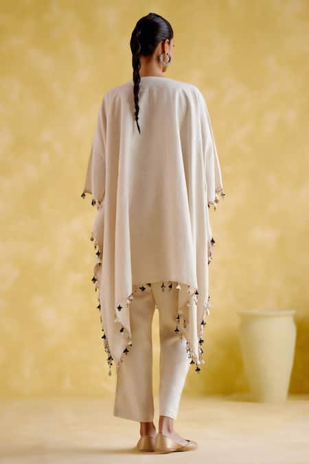 Shop_5elements_Beige Linen Tassels Round Neck Verna Asymmetric Tunic With Pant _at_Aza_Fashions