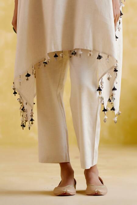 5elements_Beige Linen Tassels Round Neck Verna Asymmetric Tunic With Pant _Online_at_Aza_Fashions