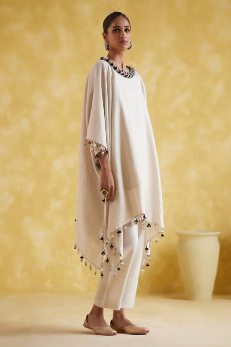 Buy_5elements_Beige Linen Tassels Round Neck Verna Asymmetric Tunic With Pant _Online_at_Aza_Fashions