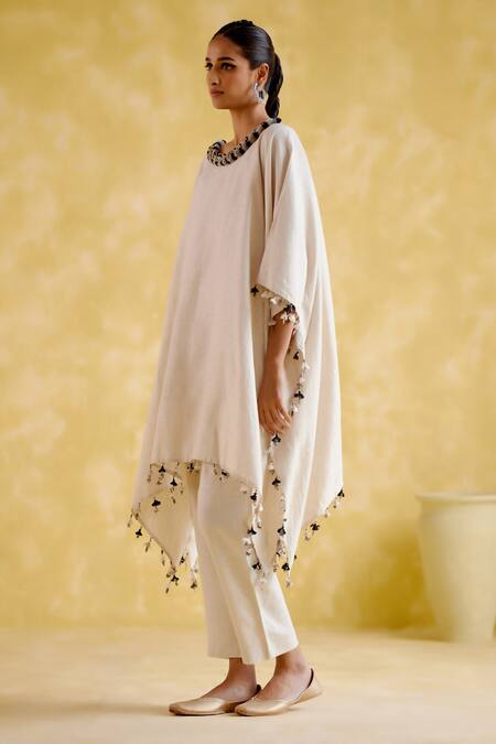 Shop_5elements_Beige Linen Tassels Round Neck Verna Asymmetric Tunic With Pant _Online_at_Aza_Fashions