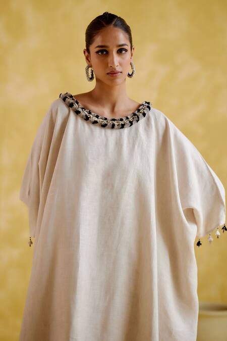 5elements_Beige Linen Tassels Round Neck Verna Asymmetric Tunic With Pant _at_Aza_Fashions
