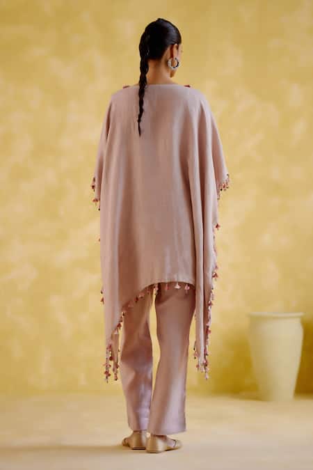 Shop 5elements Pink Linen Tassels Round Neck Popsicle Asymmetric Tunic With Pant at Aza Fashions Shop_5elements_Pink Linen Tassels Round Neck Popsicle Asymmetric Tunic With Pant _at_Aza_Fashions