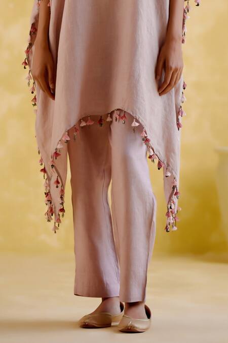 5elements Pink Linen Tassels Round Neck Popsicle Asymmetric Tunic With Pant Online at Aza Fashions 5elements_Pink Linen Tassels Round Neck Popsicle Asymmetric Tunic With Pant _Online_at_Aza_Fashions