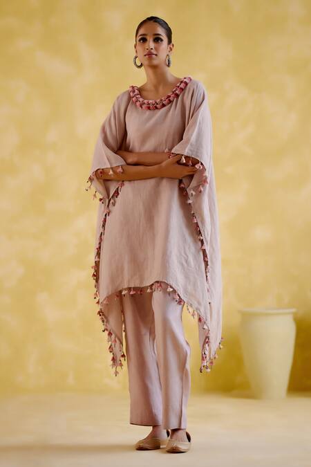 Buy 5elements Pink Linen Tassels Round Neck Popsicle Asymmetric Tunic With Pant Online at Aza Fashions Buy_5elements_Pink Linen Tassels Round Neck Popsicle Asymmetric Tunic With Pant _Online_at_Aza_Fashions