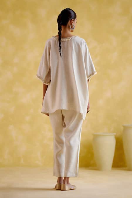 Shop 5elements Beige Linen V-neck Flora Tunic With Pant at Aza Fashions Shop_5elements_Beige Linen V-neck Flora Tunic With Pant _at_Aza_Fashions