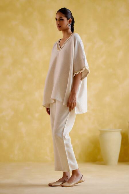 Buy 5elements Beige Linen V-neck Flora Tunic With Pant Online at Aza Fashions Buy_5elements_Beige Linen V-neck Flora Tunic With Pant _Online_at_Aza_Fashions