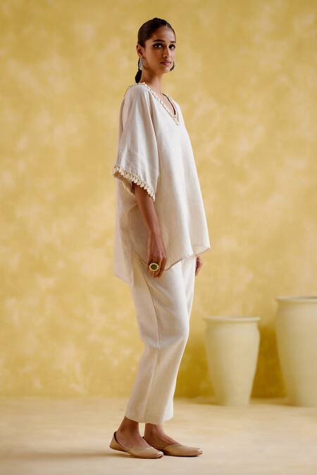 Shop 5elements Beige Linen V-neck Flora Tunic With Pant Online at Aza Fashions Shop_5elements_Beige Linen V-neck Flora Tunic With Pant _Online_at_Aza_Fashions