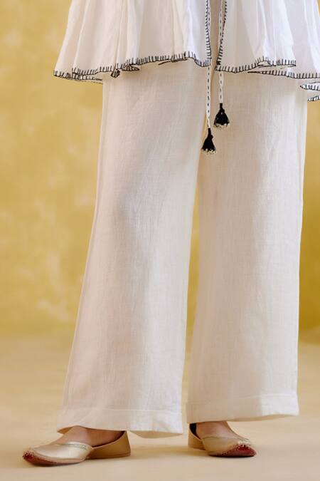 5elements_White Linen Tassels V-neck Moonlight Peplum Tunic With Pant _Online_at_Aza_Fashions
