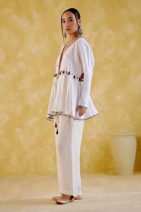 Buy_5elements_White Linen Tassels V-neck Moonlight Peplum Tunic With Pant _Online_at_Aza_Fashions