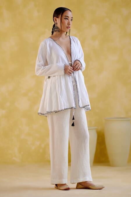 Shop_5elements_White Linen Tassels V-neck Moonlight Peplum Tunic With Pant _Online_at_Aza_Fashions