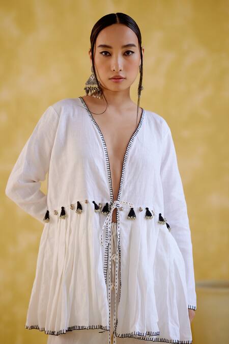 5elements_White Linen Tassels V-neck Moonlight Peplum Tunic With Pant _at_Aza_Fashions