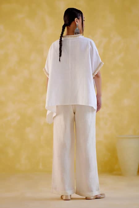 Shop_5elements_White Linen Embroidery Collared Udaan High Low Shirt With Pant _at_Aza_Fashions
