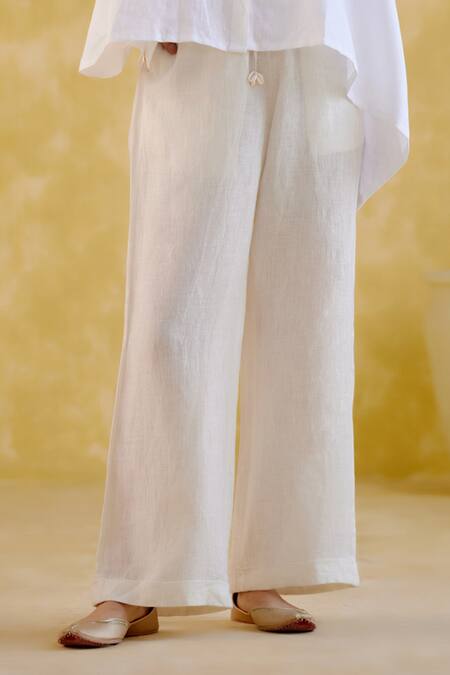 5elements_White Linen Embroidery Collared Udaan High Low Shirt With Pant _Online_at_Aza_Fashions