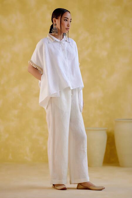 Buy_5elements_White Linen Embroidery Collared Udaan High Low Shirt With Pant _Online_at_Aza_Fashions