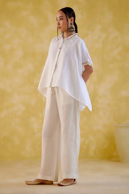 Shop_5elements_White Linen Embroidery Collared Udaan High Low Shirt With Pant _Online_at_Aza_Fashions