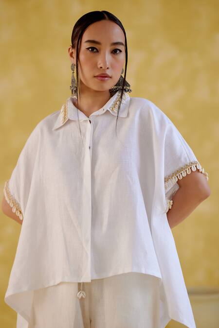 5elements_White Linen Embroidery Collared Udaan High Low Shirt With Pant _at_Aza_Fashions