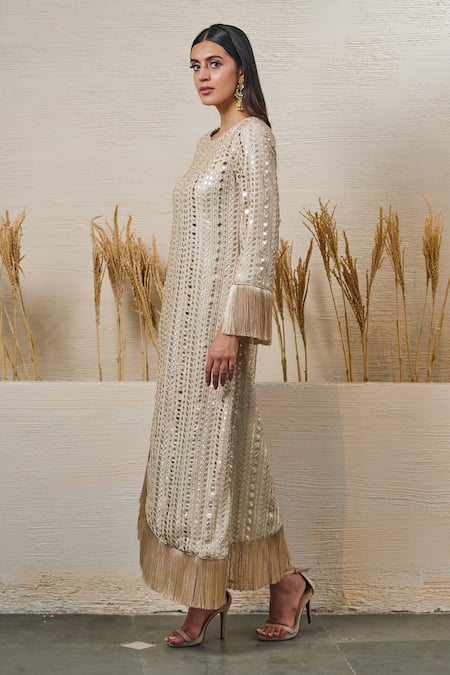 Buy Akanksha Mago Ivory Georgette Embroidered Zari Round High Low Tassel Dress Online at Aza Fashions Buy_Akanksha Mago_Ivory Georgette Embroidered Zari Round High Low Tassel Dress _Online_at_Aza_Fashions