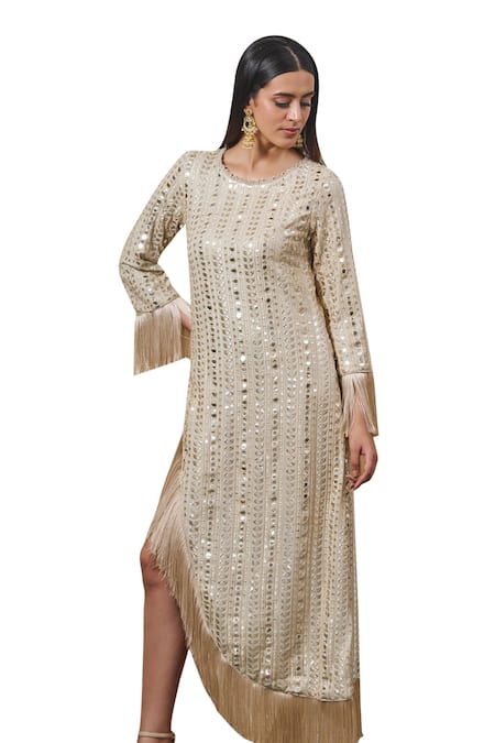 Shop Akanksha Mago Ivory Georgette Embroidered Zari Round High Low Tassel Dress Online at Aza Fashions Shop_Akanksha Mago_Ivory Georgette Embroidered Zari Round High Low Tassel Dress _Online_at_Aza_Fashions
