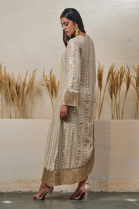 Akanksha Mago Ivory Georgette Embroidered Zari Round High Low Tassel Dress at Aza Fashions Akanksha Mago_Ivory Georgette Embroidered Zari Round High Low Tassel Dress _at_Aza_Fashions