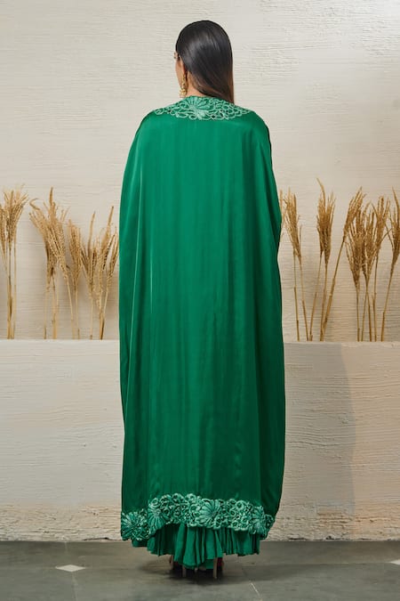 Akanksha Mago Satin Gown With Floral Work Cape 