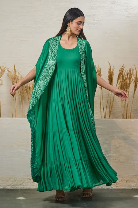 Akanksha Mago Green Georgette, Satin Zari, Patchwork Round Neck Gown With Floral Work Cape Online at Aza Fashions Akanksha Mago_Green Georgette, Satin Zari, Patchwork Round Neck Gown With Floral Work Cape _Online_at_Aza_Fashions
