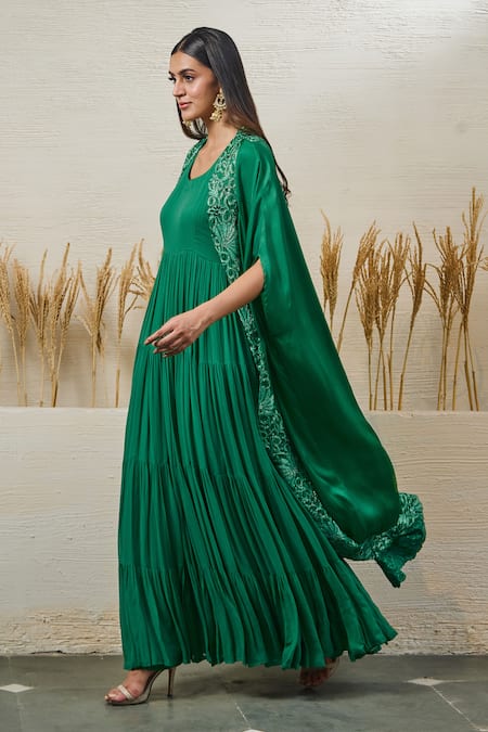 Buy Akanksha Mago Green Georgette, Satin Zari, Patchwork Round Neck Gown With Floral Work Cape Online at Aza Fashions Buy_Akanksha Mago_Green Georgette, Satin Zari, Patchwork Round Neck Gown With Floral Work Cape _Online_at_Aza_Fashions