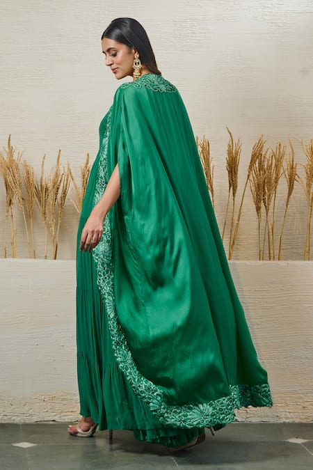Shop Akanksha Mago Green Georgette, Satin Zari, Patchwork Round Neck Gown With Floral Work Cape Online at Aza Fashions Shop_Akanksha Mago_Green Georgette, Satin Zari, Patchwork Round Neck Gown With Floral Work Cape _Online_at_Aza_Fashions