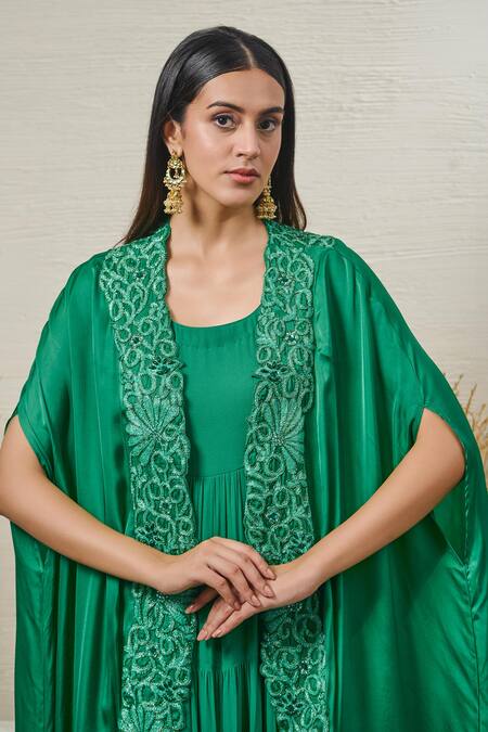 Akanksha Mago Green Georgette, Satin Zari, Patchwork Round Neck Gown With Floral Work Cape at Aza Fashions Akanksha Mago_Green Georgette, Satin Zari, Patchwork Round Neck Gown With Floral Work Cape _at_Aza_Fashions