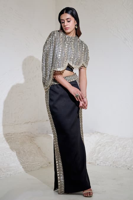 Shop_Akanksha Mago_Black Georgette Embroidered Zari Round Scallop Cape Skirt Set _Online_at_Aza_Fashions