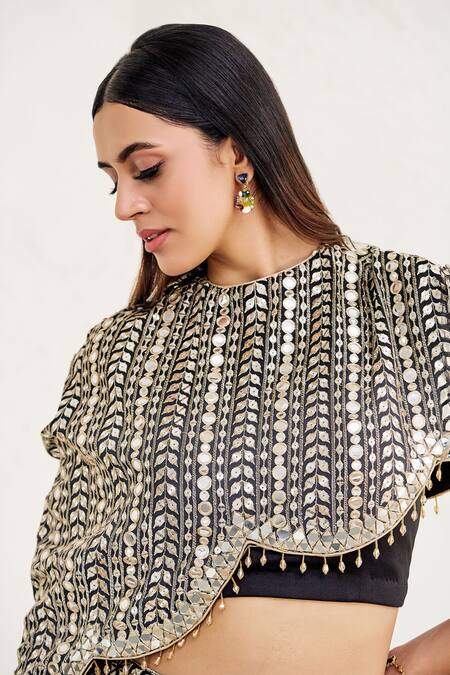 Akanksha Mago_Black Georgette Embroidered Zari Round Scallop Cape Skirt Set _at_Aza_Fashions