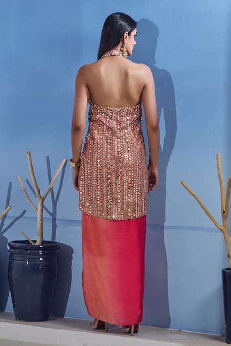 Buy_Akanksha Mago_Peach Georgette Embroidered Zari High Round Low Biker Jacket And Draped Skirt Set _Online_at_Aza_Fashions