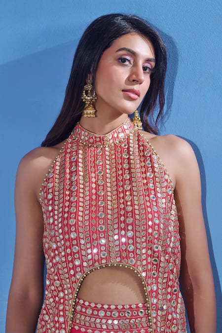 Akanksha Mago_Peach Georgette Embroidered Zari High Round Low Biker Jacket And Draped Skirt Set _at_Aza_Fashions