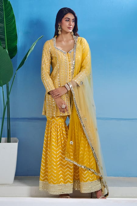 Akanksha Mago Yellow Georgette Embroidered Zari Pentagon Kurta Sharara Set 