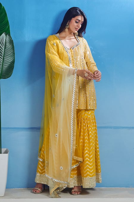 Buy Akanksha Mago Yellow Georgette Embroidery, Zari Kurta Sharara Set Online at Aza Fashions Buy_Akanksha Mago_Yellow Georgette Embroidery, Zari Kurta Sharara Set _Online_at_Aza_Fashions