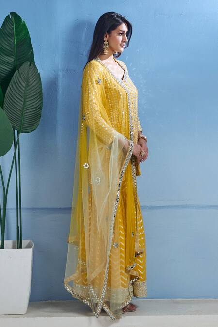 Shop Akanksha Mago Yellow Georgette Embroidery, Zari Kurta Sharara Set Online at Aza Fashions Shop_Akanksha Mago_Yellow Georgette Embroidery, Zari Kurta Sharara Set _Online_at_Aza_Fashions