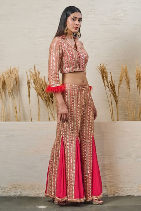 Shop_Akanksha Mago_Red Georgette Zari, Patchwork, Sequins Embroidered Crop Top And Gharara Set _Online_at_Aza_Fashions