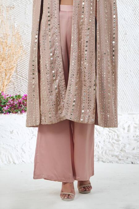 Buy_Akanksha Mago_Pink Cape And Pant Georgette Embroidered Zari High Collar Set _Online_at_Aza_Fashions