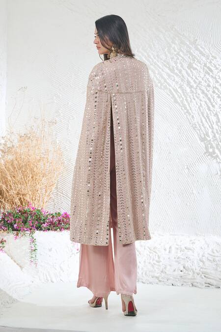 Shop_Akanksha Mago_Pink Cape And Pant Georgette Embroidered Zari High Collar Set _Online_at_Aza_Fashions