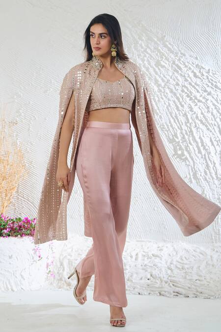 Akanksha Mago_Pink Cape And Pant Georgette Embroidered Zari High Collar Set _at_Aza_Fashions