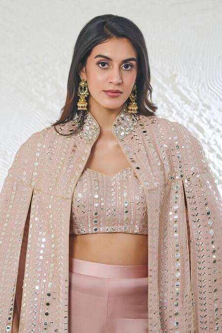 Buy_Akanksha Mago_Pink Cape And Pant Georgette Embroidered Zari High Collar Set 