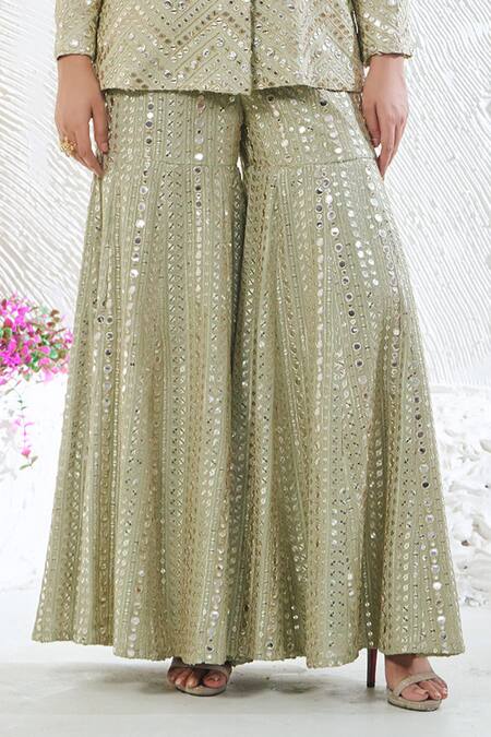 Buy_Akanksha Mago_Green Georgette Zari, Sequins, Embroidery Collared Jacket Kurta And Sharara Set _Online_at_Aza_Fashions