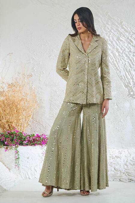 Shop_Akanksha Mago_Green Georgette Zari, Sequins, Embroidery Collared Jacket Kurta And Sharara Set _Online_at_Aza_Fashions