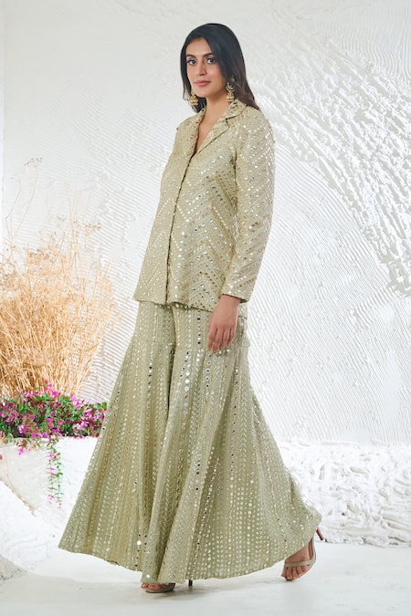 Akanksha Mago_Green Georgette Zari, Sequins, Embroidery Collared Jacket Kurta And Sharara Set _at_Aza_Fashions