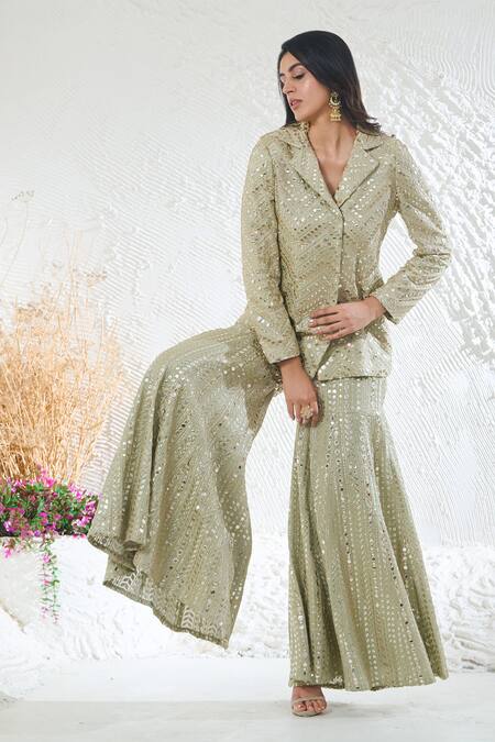 Buy_Akanksha Mago_Green Georgette Zari, Sequins, Embroidery Collared Jacket Kurta And Sharara Set 