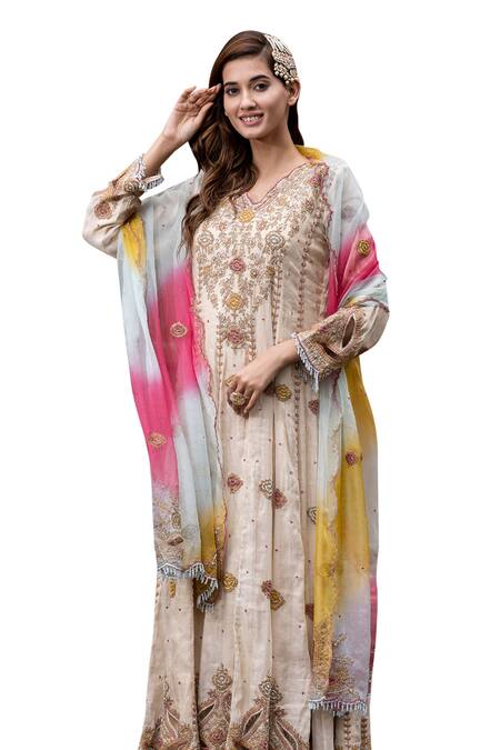 Farha Syed_Beige Chanderi Silk, Organza, Gingham Beads, Floral Thread Anarkali Palazzo Set _Online_at_Aza_Fashions